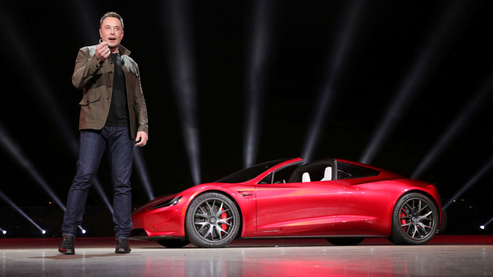 Tesla CEO Elon Musk unveils the Roadster 2 during a presentation in Hawthorne, California, U.S., November 16, 2017. Tesla/Handout via REUTERS     ATTENTION EDITORS THIS IMAGE WAS PROVIDED BY A THIRD PARTY. NO ARCHIVES. NO RESALES - RC1F03E20630