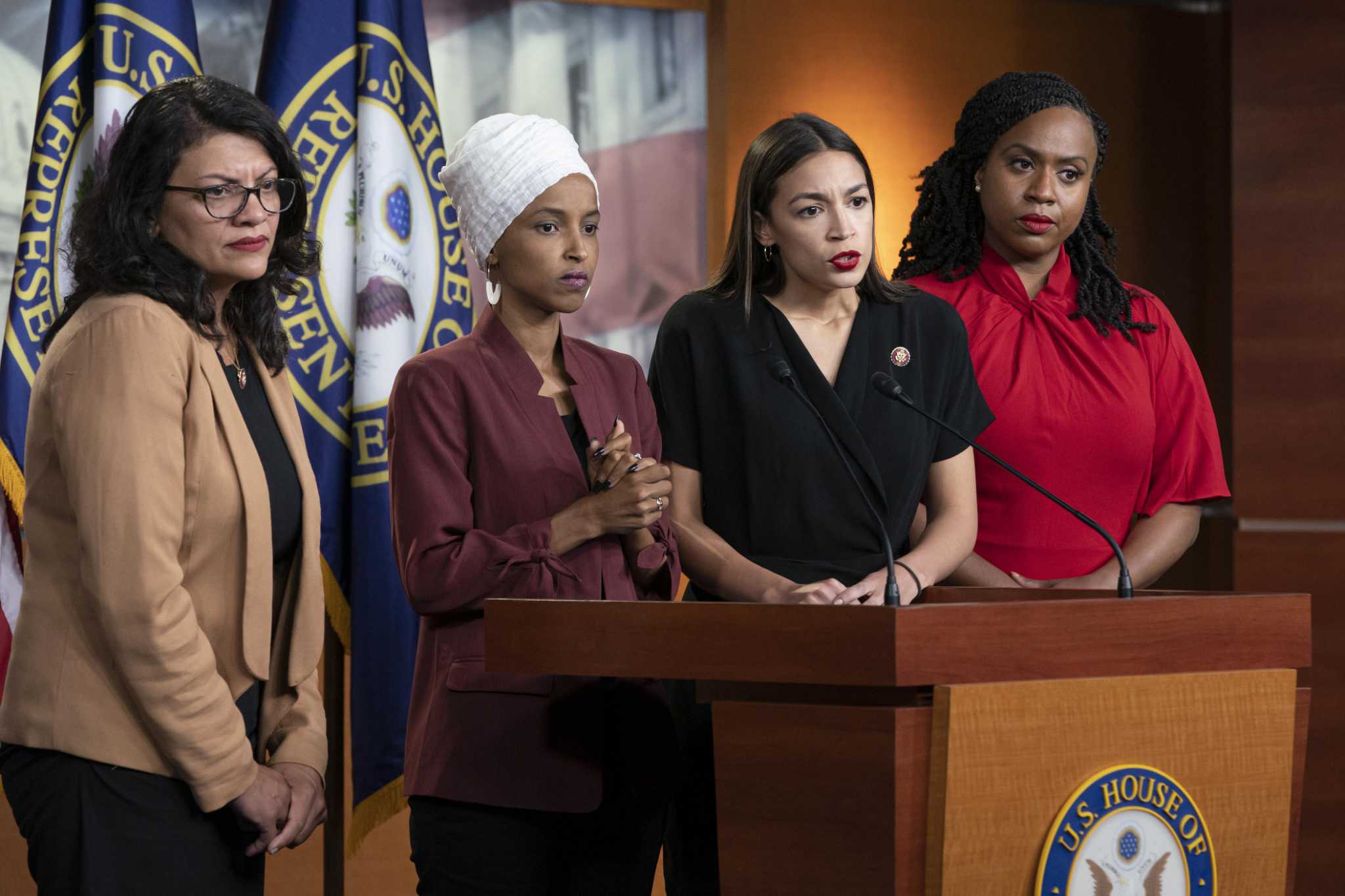 From left, Rep. Rashida Tlaib, D-Mich., Rep. llhan Omar, D-Minn., Rep. Alexandria Ocasio-Cortez, D-N.Y., and Rep. Ayanna Pressley, D-Mass., respond to remarks by President Donald Trump after his call for the four Democratic congresswomen to go back to their "broken" countries, during a news conference at the Capitol in Washington, Monday, July 15, 2019. All are American citizens and three of the four were born in the U.S. (AP Photo/J. Scott Applewhite)
