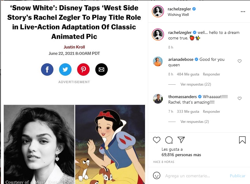 Rachel Zegler será Blancanieves live action Disney