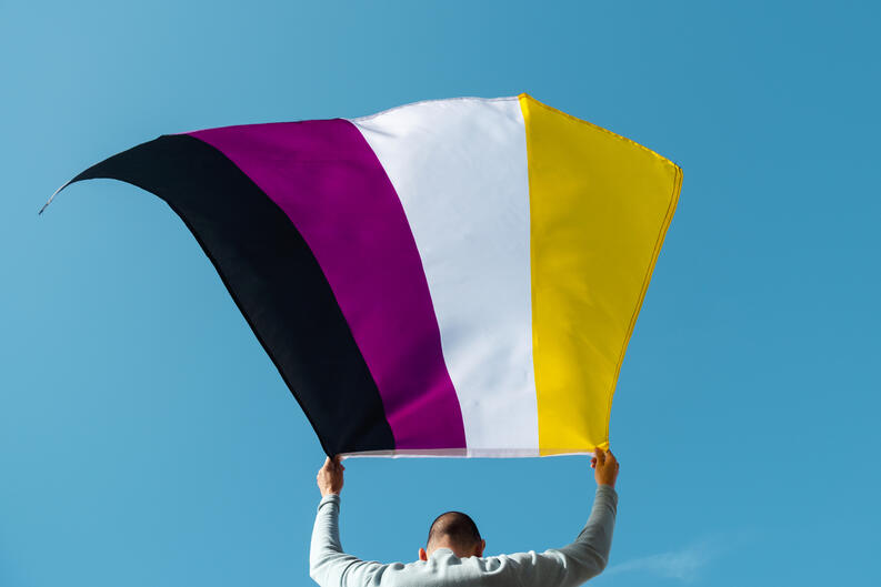 closeup of a young caucasian person, seen from behind, waving a non-binary pride flag on the air