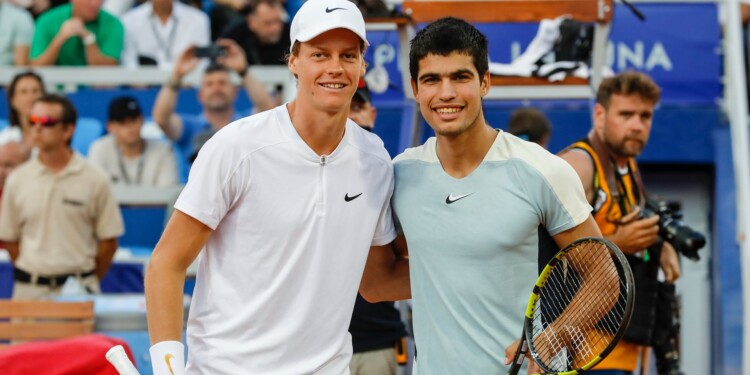 UMAG, CROATIA - JULY 31: Jannik Sinner of Italy and Carlos Alcaraz of Spain pose together before the start Men’s Single final match on Day 8 of the 2022 Croatia Open Umag at Goran Ivanisevic ATP Stadium on July 31, 2022 in Umag, Croatia. (Photo by Jurica Galoic/Pixsell/MB Media/Getty Images)