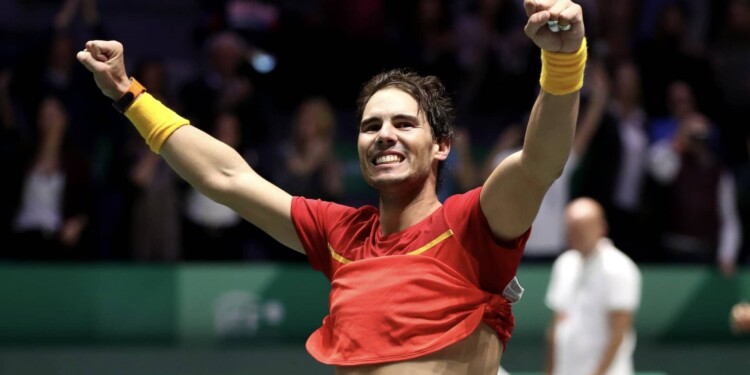 MADRID, SPAIN - NOVEMBER 24: Rafael Nadal of Spain celebrates victory n his singles match against Denis Shapovalov of Canada in the Final between Spain and Canada during Day Seven of the 2019 David Cup at La Caja Magica on November 24, 2019 in Madrid, Spain. (Photo by Alex Pantling/Getty Images)