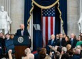 Washington (United States), 20/01/2025.- US President Donald Trump speaks during the inauguration of Donald Trump as the 47th president of the United States takes place inside the Capitol Rotunda of the U.S. Capitol building in Washington, D.C., USA, 20 January 2025. It is the 60th U.S. presidential inauguration and the second non-consecutive inauguration of Trump as U.S. president. (Estados Unidos) EFE/EPA/KENNY HOLSTON / POOL