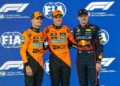 BARCELONA, SPAIN - MAY 31: Oscar Piastri of Australia and McLaren, Lando Norris of Great Britain and McLaren and Max Verstappen of Netherlands and Oracle Red Bull Racing pose for a photograph in Parc ferme as they mark the front three for tomorrow's race during qualifying ahead of the F1 Grand Prix of Spain at Circuit de Barcelona-Catalunya on May 31, 2025 in Barcelona, Spain. (Photo by Kym Illman/Getty Images)