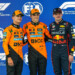BARCELONA, SPAIN - MAY 31: Oscar Piastri of Australia and McLaren, Lando Norris of Great Britain and McLaren and Max Verstappen of Netherlands and Oracle Red Bull Racing pose for a photograph in Parc ferme as they mark the front three for tomorrow's race during qualifying ahead of the F1 Grand Prix of Spain at Circuit de Barcelona-Catalunya on May 31, 2025 in Barcelona, Spain. (Photo by Kym Illman/Getty Images)