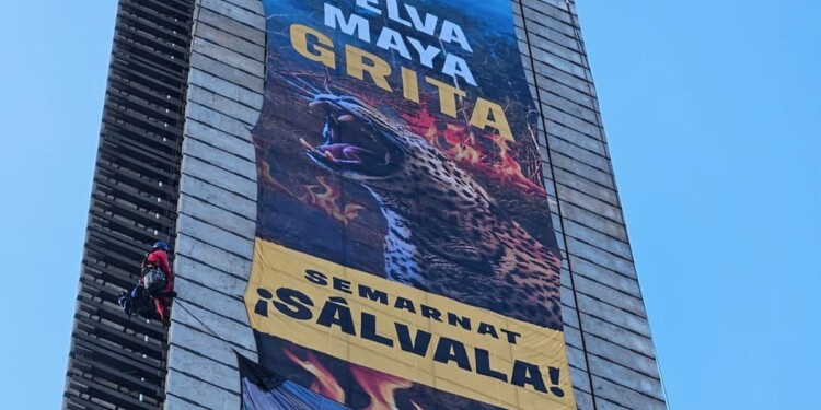 Activistas de Greenpeace escalan la Estela de Luz; exigen proteger a la Selva Maya